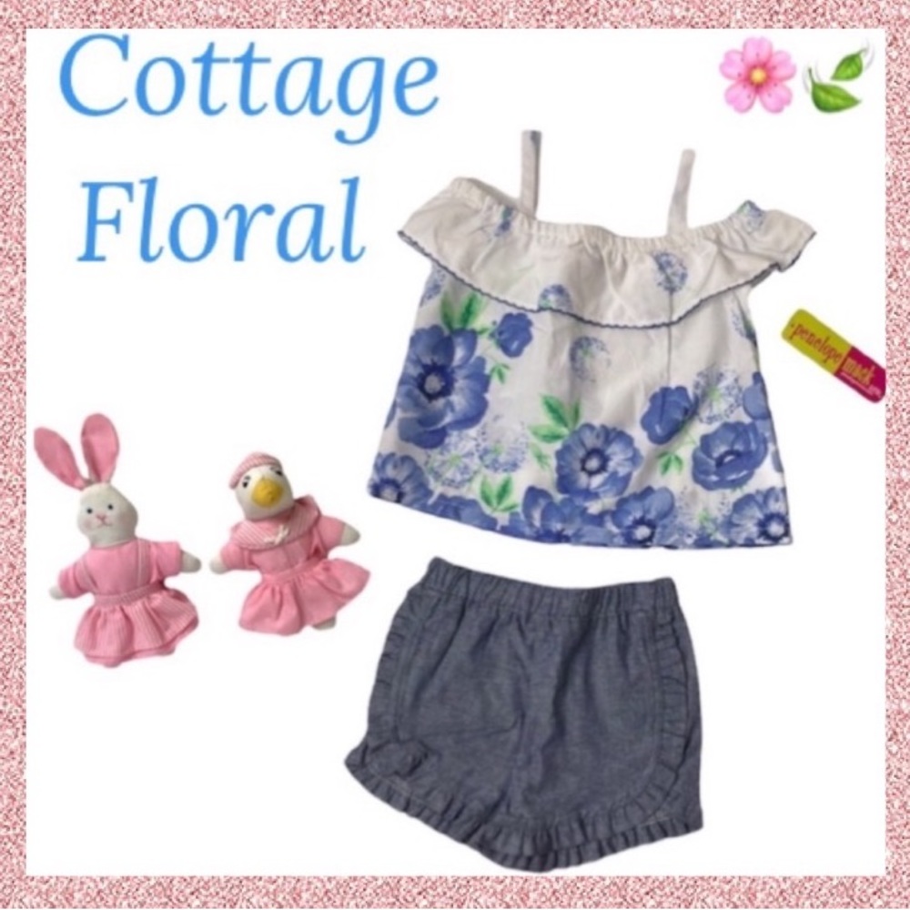 Cottage Floral Ruffled 2 Pc Girls Outfit & Toy Animals Set Cottage Core Flowers